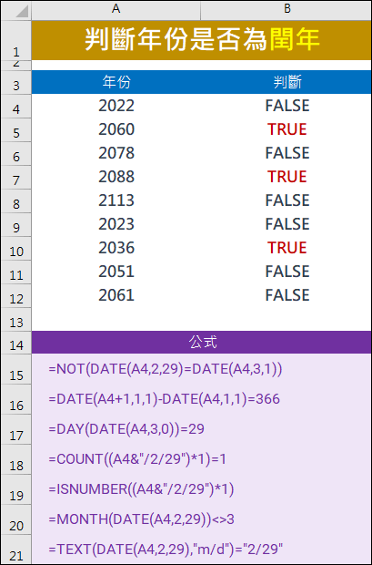 Excel-判斷年份是否為閏年