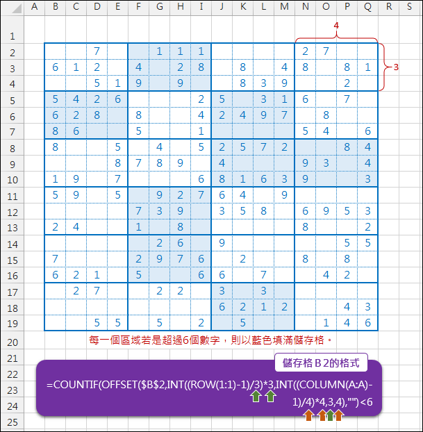 Excel-多個儲存格為一組來顯示特定格式(OFFSET,COUNTIF,設定格式化的條件)