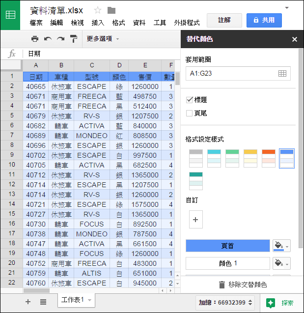 在Google雲端硬碟的試算表中建立圖表並且分享