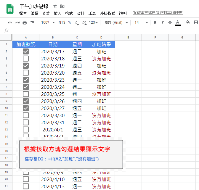 Google試算表-根據核取方塊勾選結果顯示文字