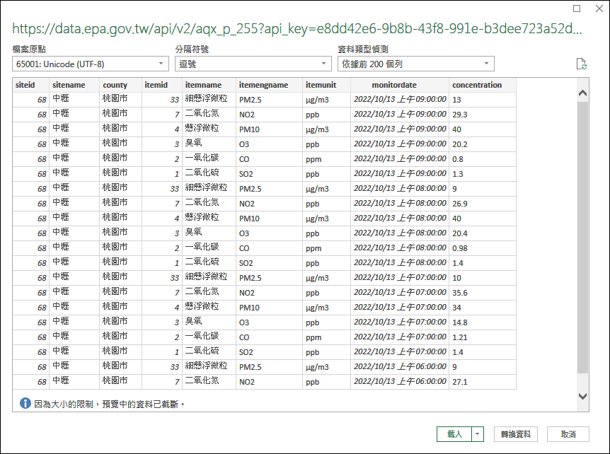 Excel-取得環保署提供特定地點的空氣品質指標(AQI)資料並且可以更新