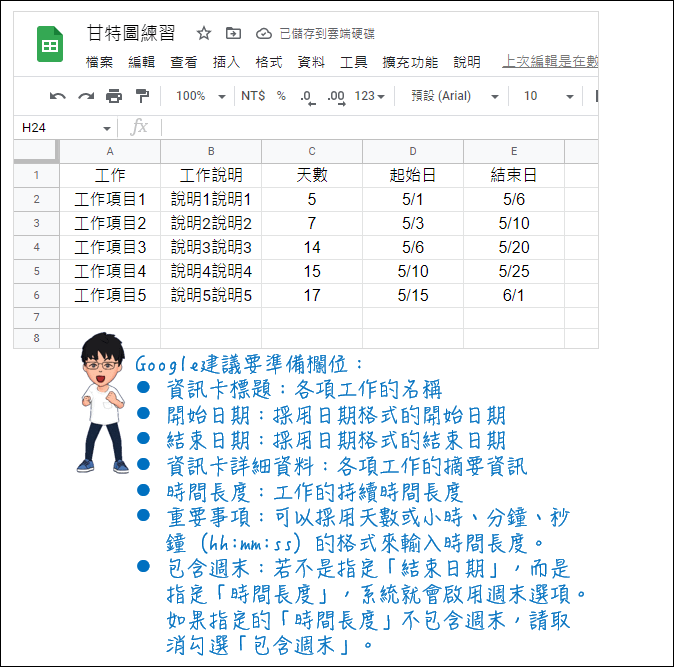 Google 試算表-利用時間軸工具製作簡易的工作進度圖(甘特圖)