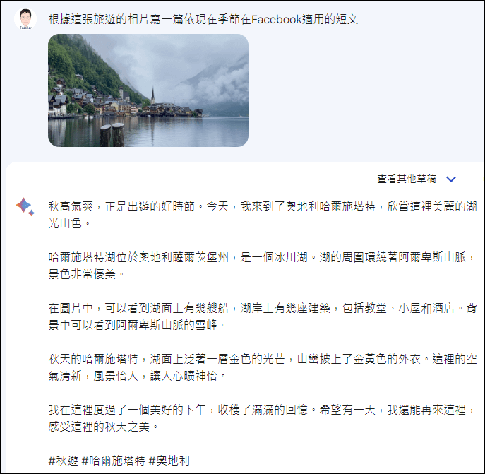 Google Bard上傳圖片可以辨識物品、產生、景點、文字，並能即時翻譯文字、產出短文等