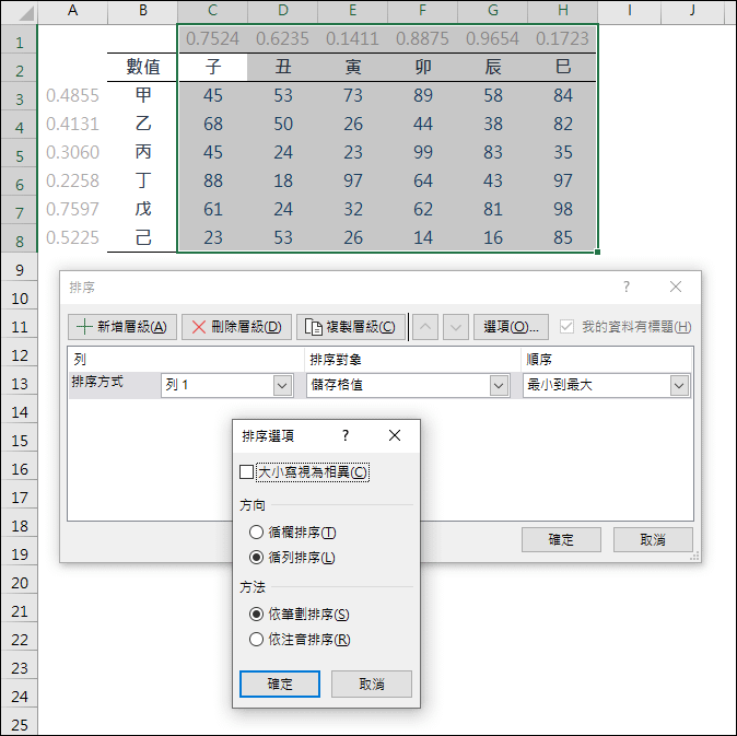 Excel-分別以手動和公式進行循欄或循列隨機排序