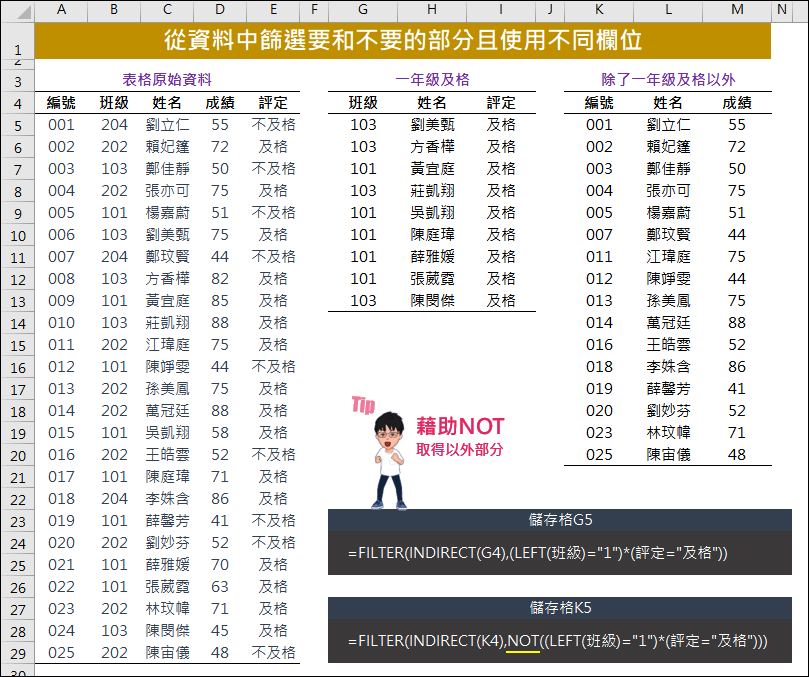 Excel-從資料中篩選要和不要的部分且使用不同欄位(FILTER,INDIRECT,NOT)