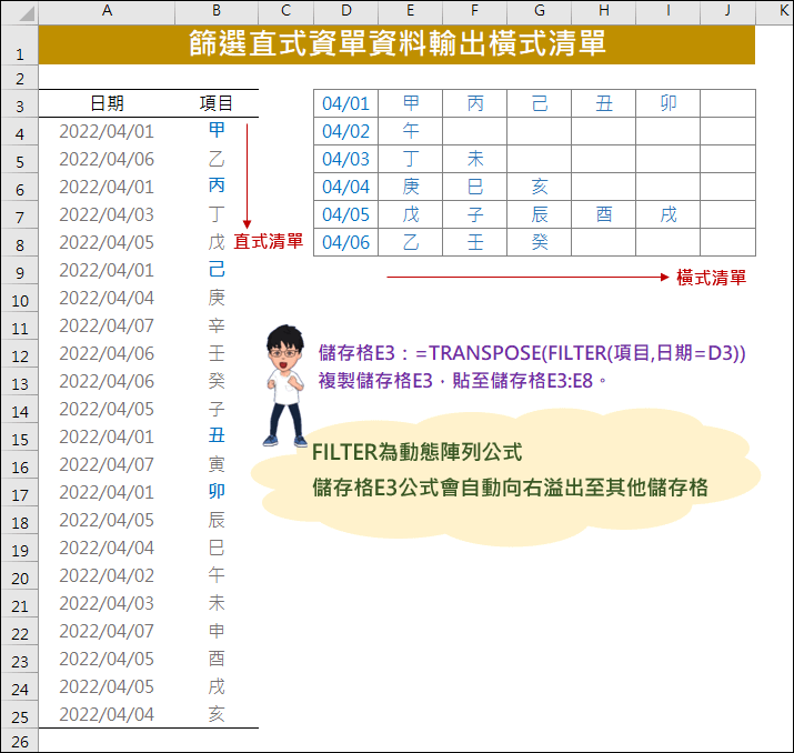 Excel-篩選直式資單資料輸出橫式清單