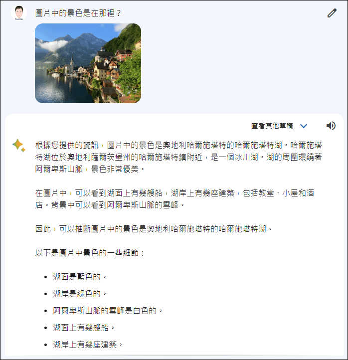 Google Bard上傳圖片可以辨識物品、產生、景點、文字，並能即時翻譯文字、產出短文等