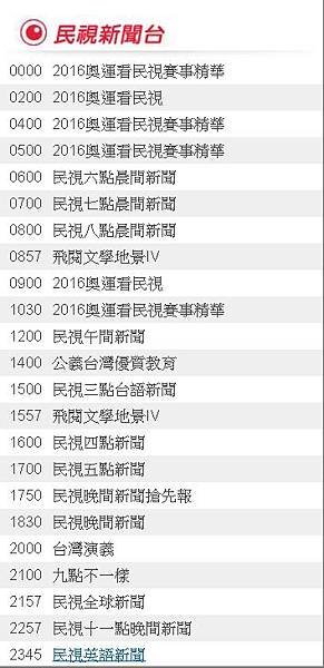 2016奧運看民視8/11(四)節目表直播轉播賽程民視新聞台 8112016奧運直播轉播節目表 (持續更新)-民視8/14(日)奧運節目表