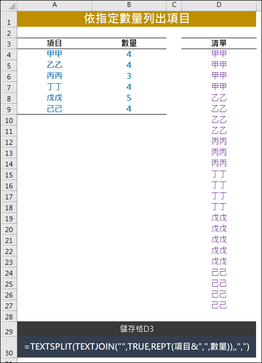 Excel-依指定數量列出項目(TEXTJOIN,TEXTSPLIT)