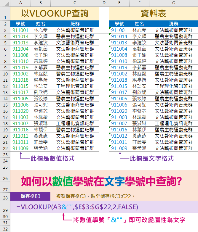 Excel-解決在VLOOKUP函數中數值數字和文字數字查詢的問題