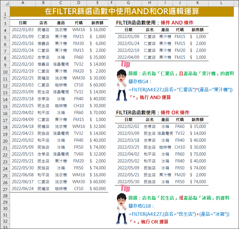 Excel-在FILTER篩選函數中使用AND和OR邏輯運算