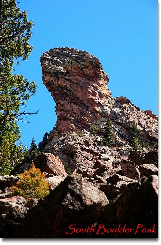 The Devil&apos;s Thumb as seen from the Shadow Canyon trail