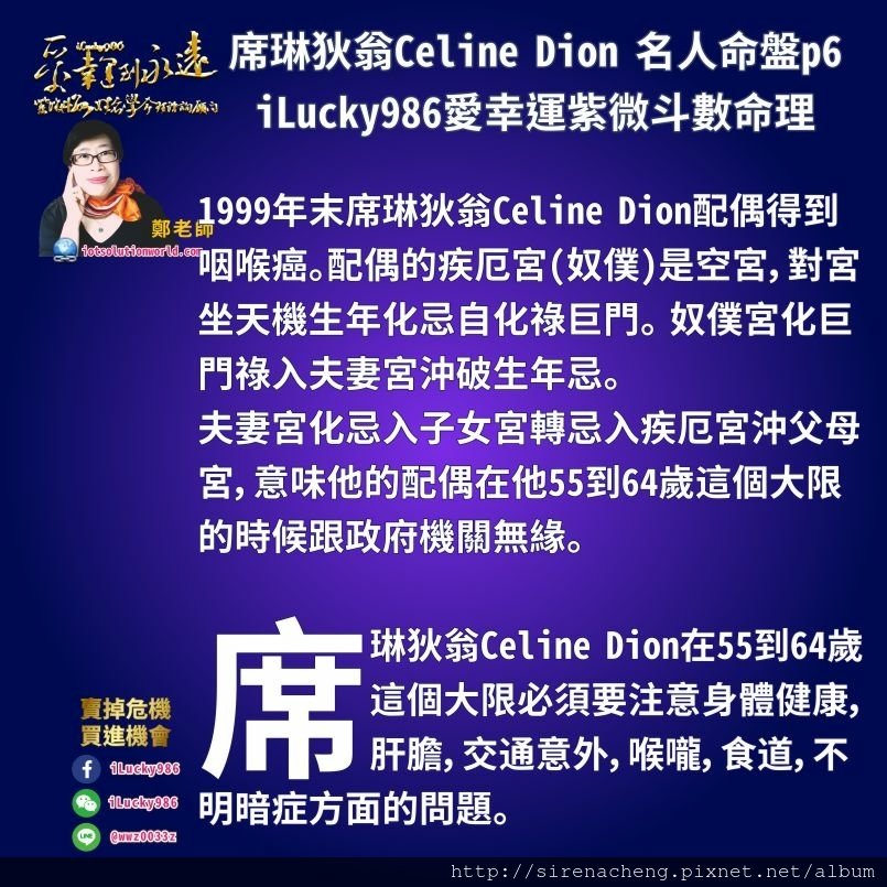 805席琳狄翁Celine Dion 名人紫微斗數命盤iLucky986愛幸運紫微斗數命理資訊顧問p6,1999年末席琳狄翁Celine Dion配偶得到咽喉癌。配偶的疾厄宮(奴僕)是空宮，對宮坐天機生年化忌自化祿 巨門。 奴僕宮化巨門祿入夫妻宮沖破生年忌。 夫妻宮化忌入子女宮轉忌入疾厄宮沖父母宮，意味他的配偶在他55到64歲這個大限的時候跟政府機關無緣。 席琳狄翁Celine Dion在55到64歲這個大限必須要注意身體健康，肝膽，交通意外，喉嚨，食道，不明暗症方面的問題。