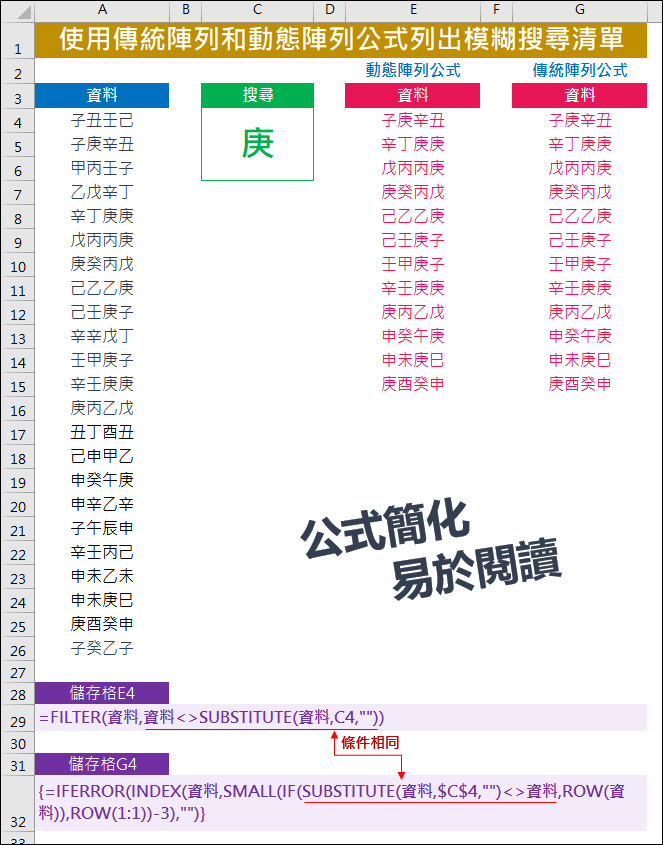 Excel-使用傳統陣列和動態陣列公式列出模糊搜尋清單