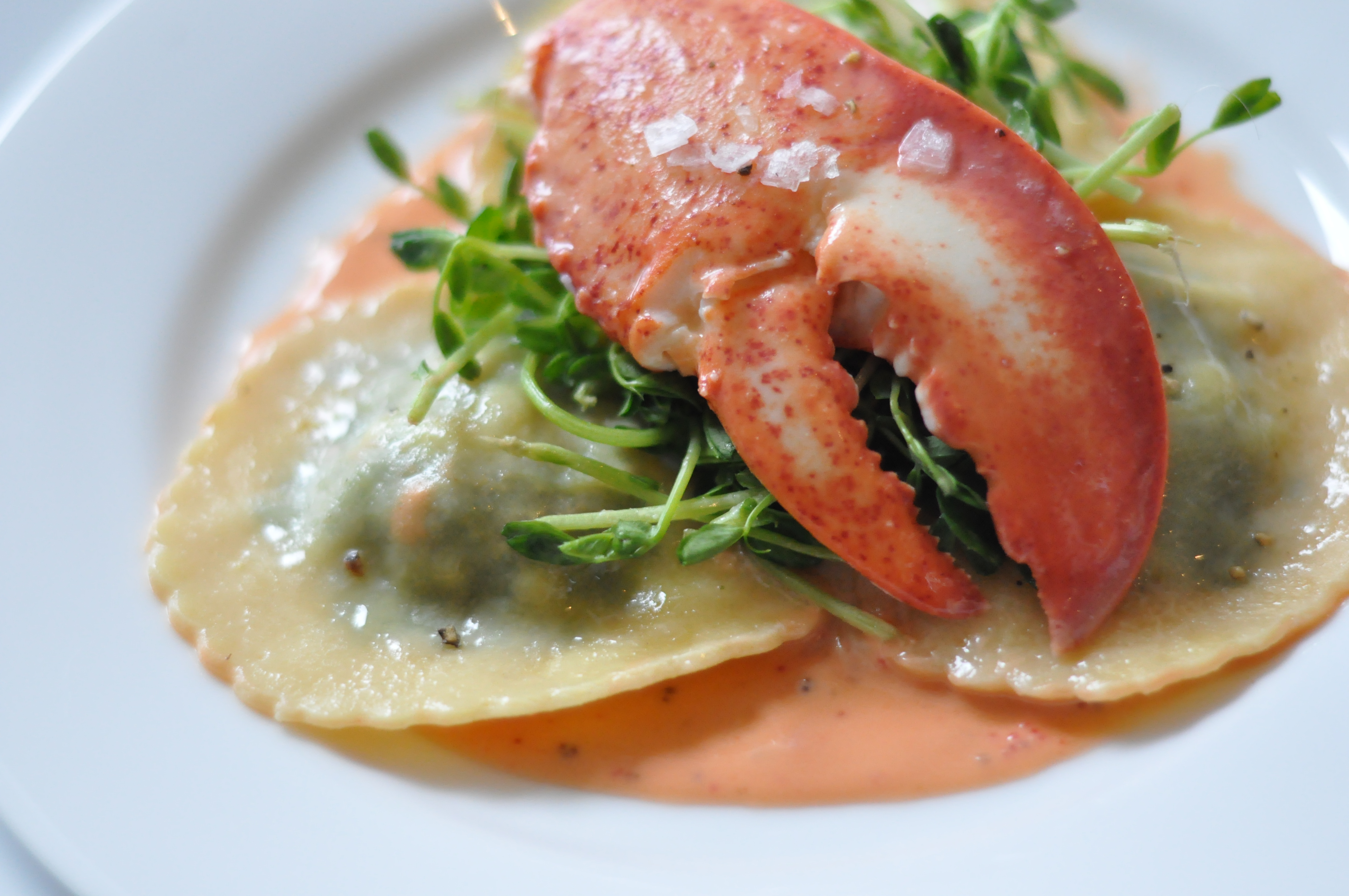Lobster Ravioli, Pea Shoots, &amp; Smoked Paprika Sauce | Amy Glaze&apos;s Pommes  d&apos;Amour