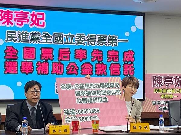 陳亭妃全國票后率先完成選舉補助款公益信託近265萬關懷弱勢