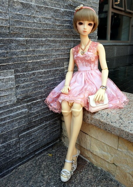 粉橘蕾絲淑女洋裝
