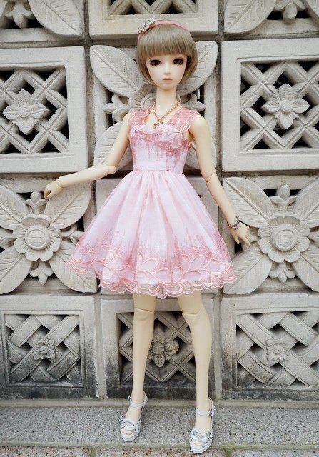 粉橘蕾絲淑女洋裝