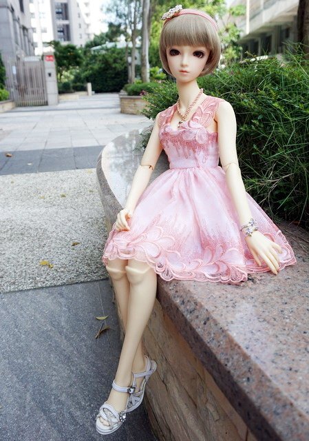粉橘蕾絲淑女洋裝