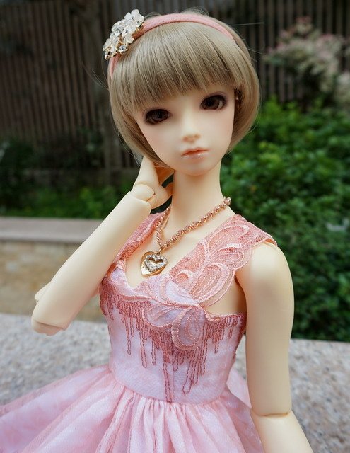 粉橘蕾絲淑女洋裝