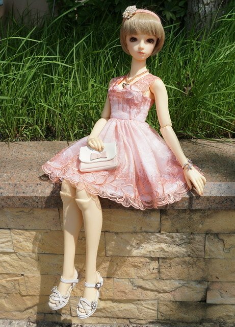 粉橘蕾絲淑女洋裝