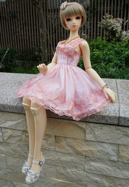 粉橘蕾絲淑女洋裝