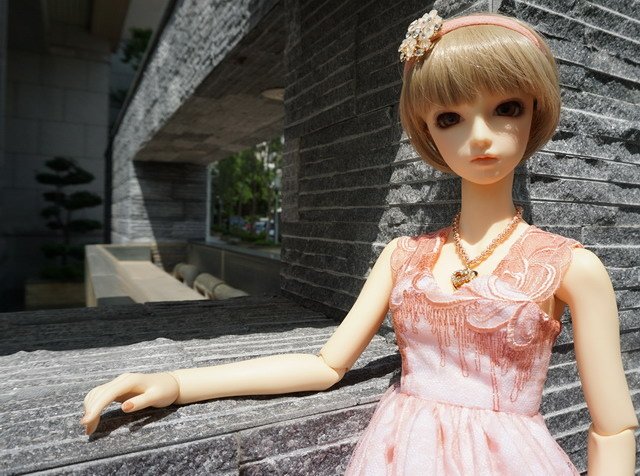 粉橘蕾絲淑女洋裝