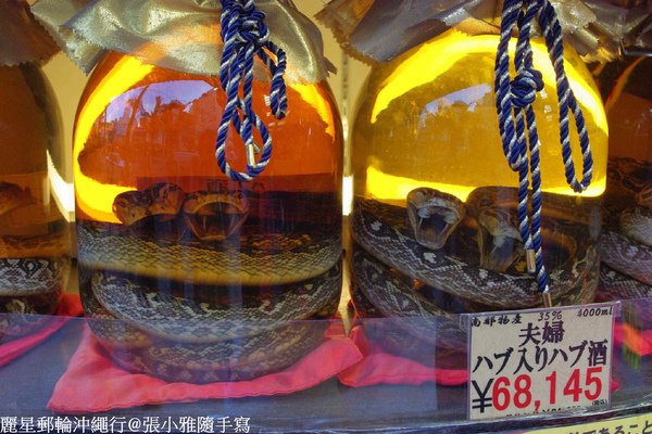 專賣酒的店門口,招牌是泡著兩隻蛇的夫妻酒