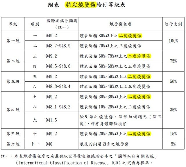 特定燒燙傷給付等級表