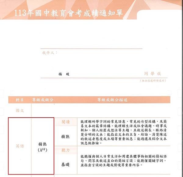 狂賀！學生Hugh於國中會考英文科獲得A++！