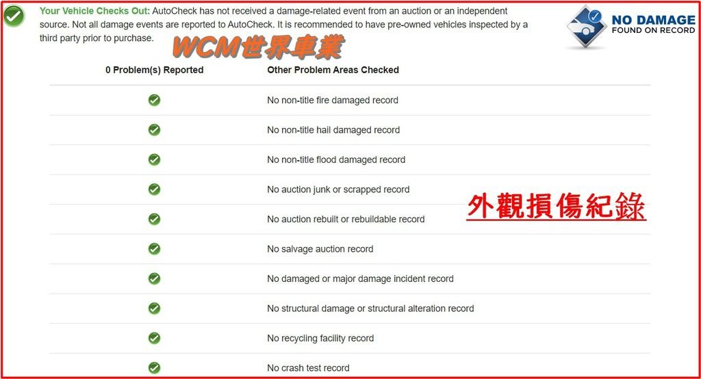 Autocheck車輛報告中的外觀損傷紀錄