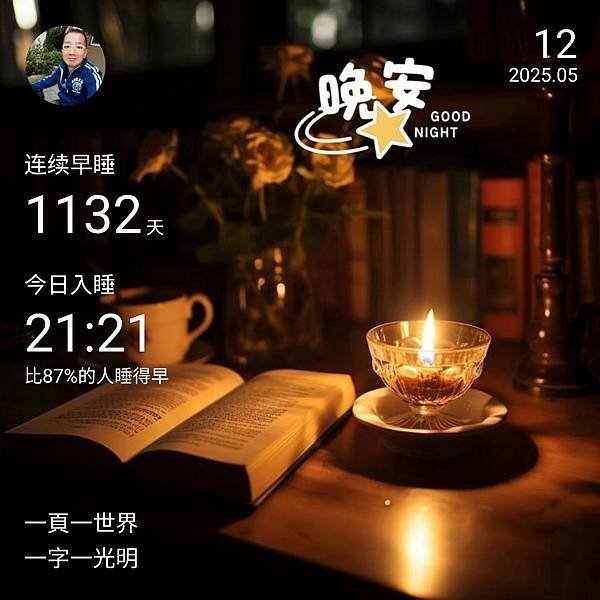 晚安打卡圖 2025.05.12 一頁一世界，一字一光明