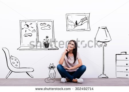 stock-photo-dreaming-about-new-house-thoughtful-young-woman-looking-at-the-sketch-on-the-wall-while-sitting-on-302492714