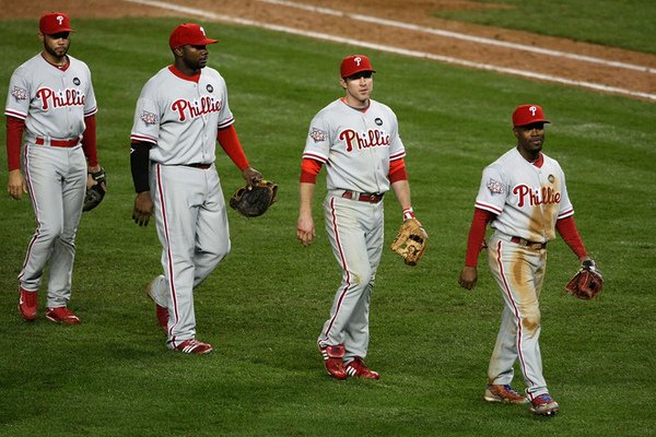 (L-R) Pedro Feliz(notes) #7, Ryan Howard(notes) #6, Chase Utley(notes) #26 and Jimmy Rollins(notes) #10.bmp