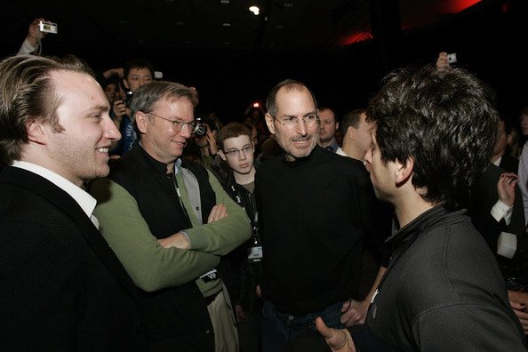 (L-R) You Tube founder, Chad Hurley, Google CEO Eric Schmidt, Apple CEO and co-founder Steve Jobs and Google co-founder Sergey Brin.bmp