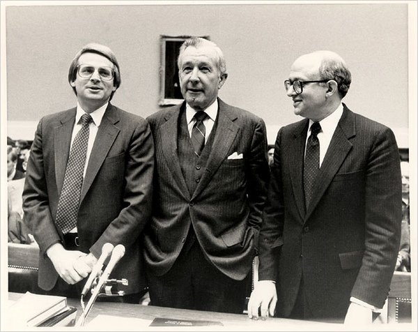 David Stockman, left, Donald Regan and Mr. Feldstein before testifying on President Reagan