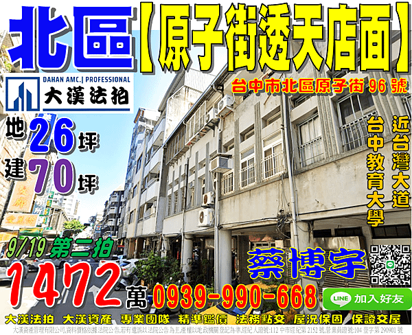 北區法拍屋，【原子街透天店面】，近台灣大道，台中教育大學，地