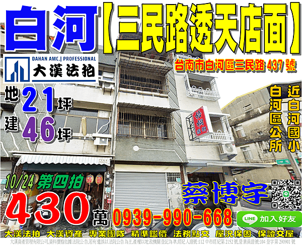 白河法拍屋，【三民路透天店面】，近白河國小，白河運動公園，白