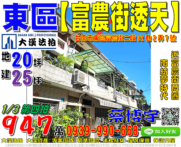 東區法拍屋，【富農街透天】，近南紡夢時代，富農街商圈，地址：