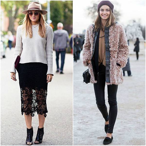 outfits with different textures - knit - lace - fur - denim - patent - leather