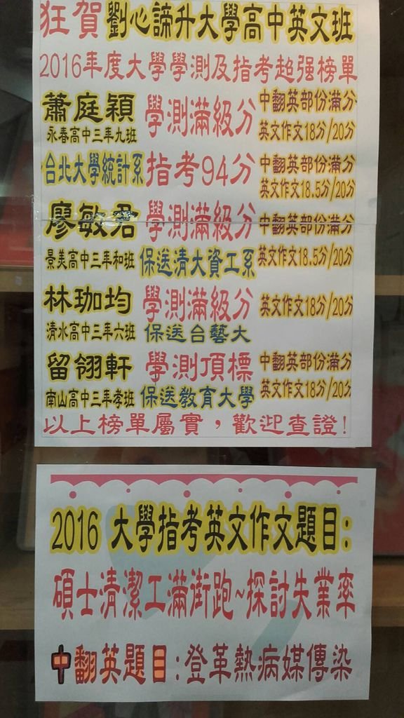 2016年指考榜單