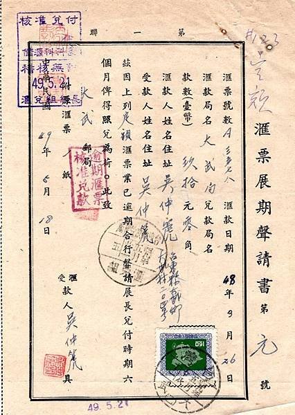 1960年匯票展期申請書