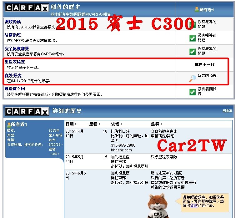 2015賓士C300 carfax中文查詢報告