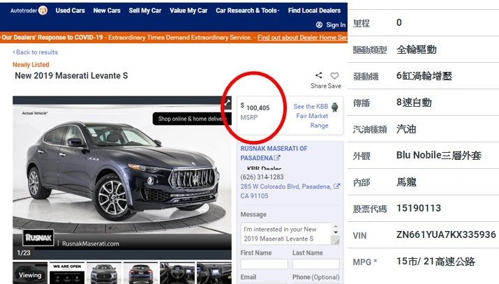 上圖為美國買車網站autotrader.com上找到的2019 Maserati Levante S全新車可以看到這台車的基本資料及新車售價為10萬美元左右，如果會想找低油耗和想要大空間的朋友就請不要考慮這台了，４輪驅動加上6缸渦輪增壓讓這款瑪莎拉蒂SUV的駕駛感受更像是運動型轎車而不是休旅車