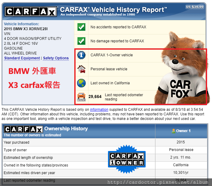 Carfax是購買外匯車必看的車況報告，本圖是2015 BMW X3 XDRIVE28I的Carfax報告，詳細記錄這台車的所有事故、擁有車主記錄等，是相當可信的外匯車車況報告書