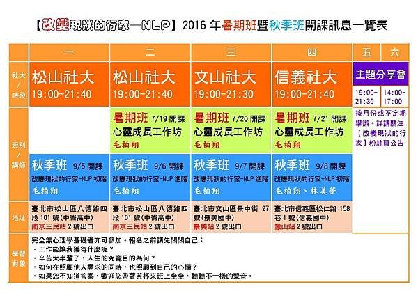 【改變現狀的行家—NLP】2016年暑期班暨秋季班開課訊息一覽表