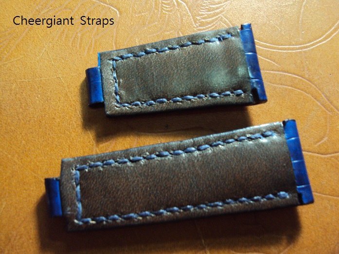 Rolex Daytona croco strap, 20x16(9)mm, 43x60mm, thick 6.0mm taper to 3.0mm, dark blue padded croco strap, match stitch. 03