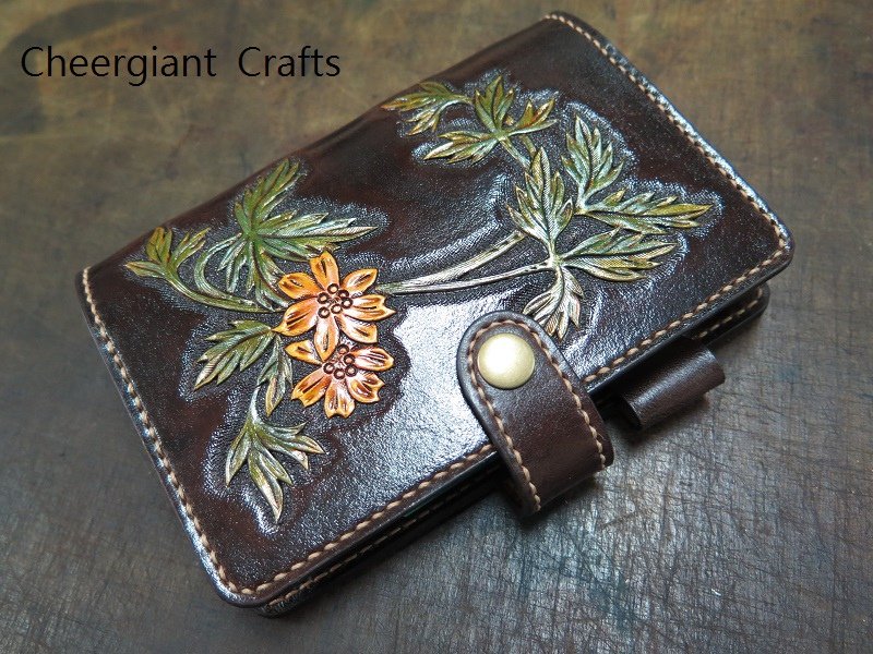 A7 Personal Organisers, hand carved pattern B leather crafts. A7 手工皮雕萬用手冊唐草圖案 B 深咖啡色系彩色加金 04