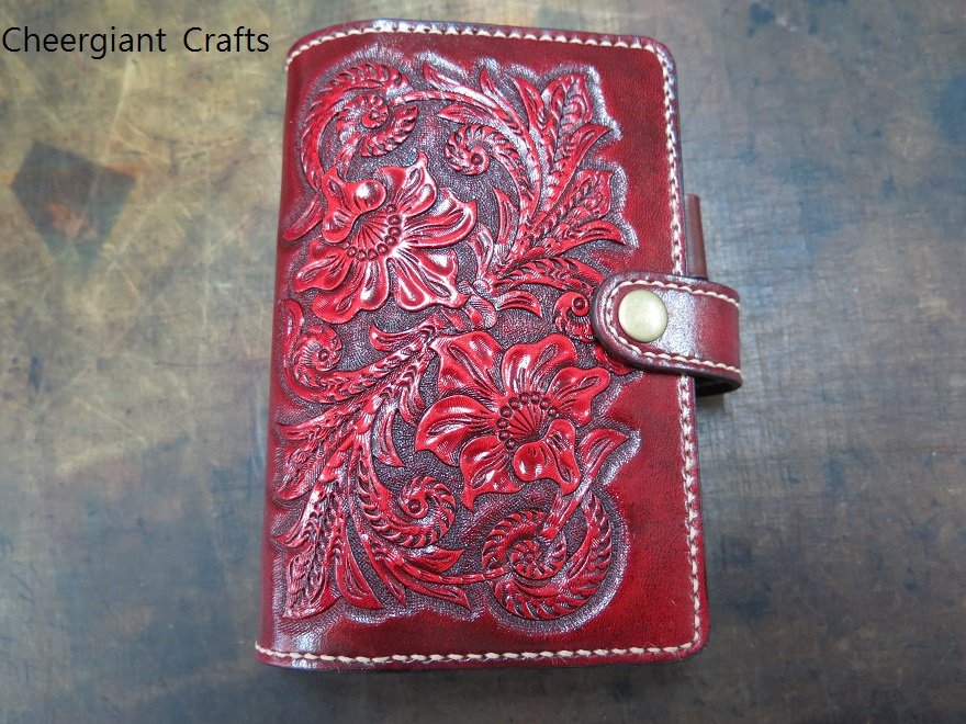 A7 Personal Organisers, hand carved pattern A leather crafts. A7 手工皮雕萬用手冊唐草圖案 A 紅色系 01