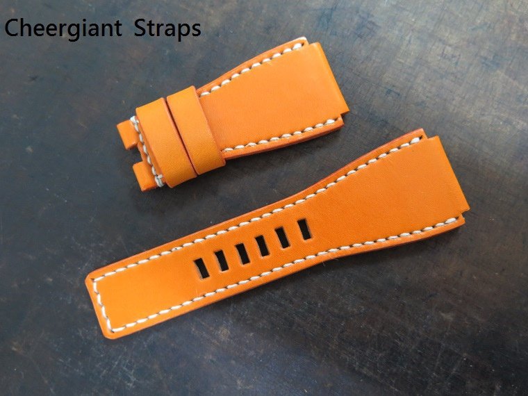 BR 02 yellowish tan cowskin strap, 26x24mm, 75x125mm, thick 5.0mm taper to 3.2mm, white stitch. 03